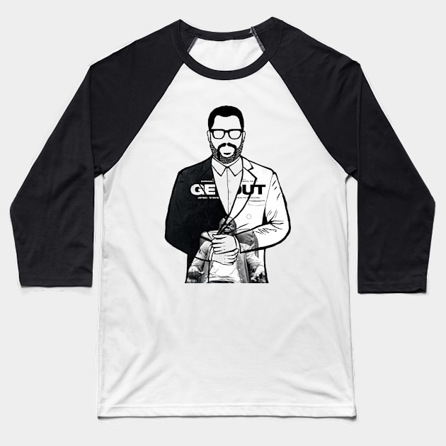 Jordan Peele Get Out Portrait, Black and White Baseball T-Shirt by Youre-So-Punny